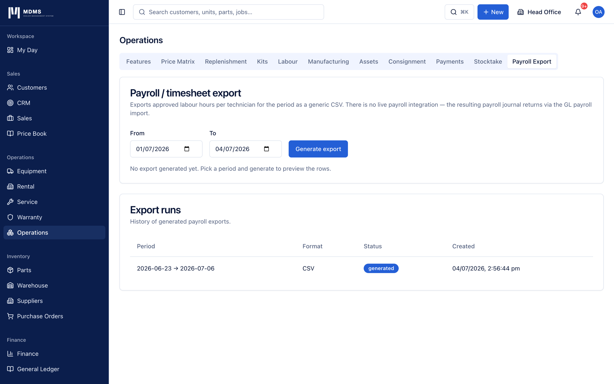 The Payroll Export tab showing controls to generate a payroll export for a pay period into a downloadable CSV.